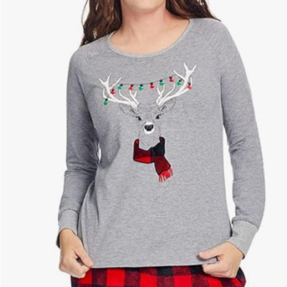 FamJams Gray Red Holiday Reindeer Light Bulbs Long Sleeve Pajama Top Sz XL